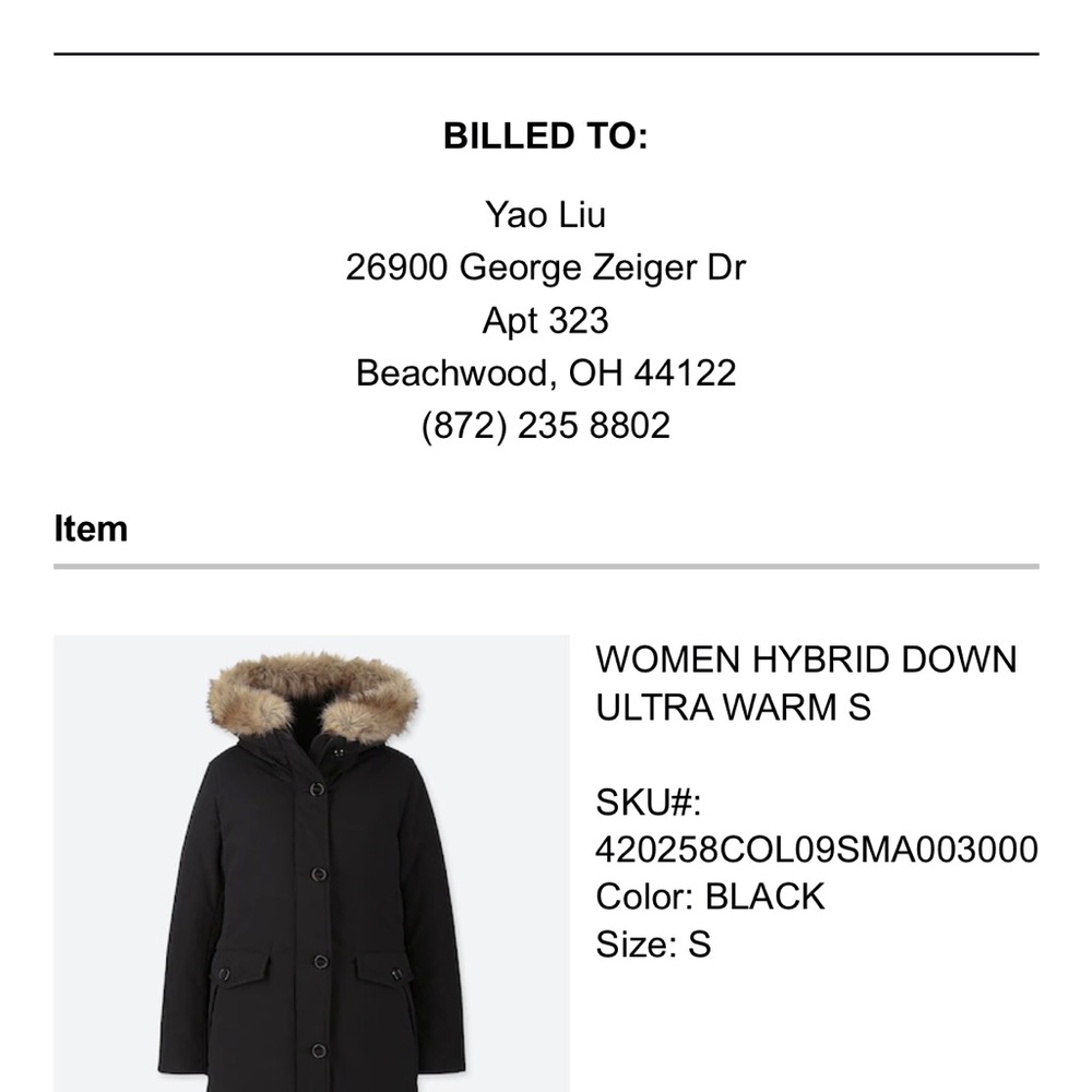 Uniqlo Black Down Coat with Fur Trim
